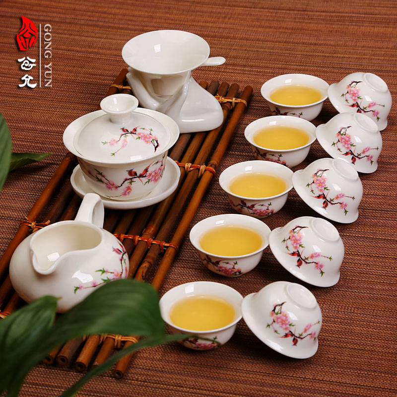 公允 功夫茶具套装特价整套礼品茶具陶瓷高白玉瓷茶海白唐诗桃花
