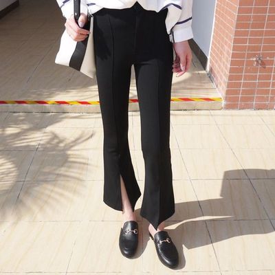 复古韩风chic显瘦小黑裤秋冬女学生宽松微喇裤