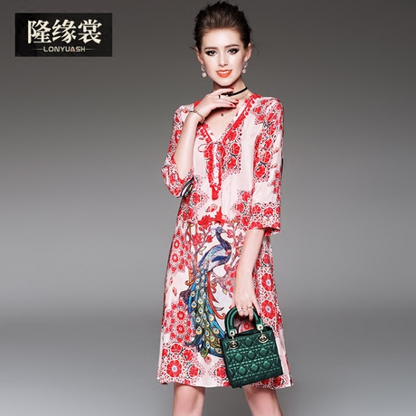 隆缘裳春装2017新款女时尚中袖通勤ol名媛宽松印花真丝连衣裙2606商品大图