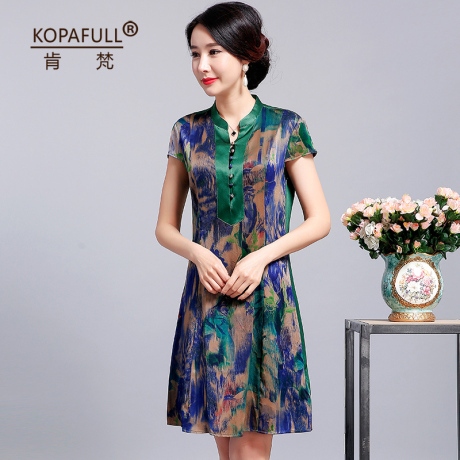香云纱真丝连衣裙2019夏季新款品牌女装大码中老年桑蚕丝印花裙商品大图