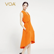 VOA30姆米橘黄V领无袖暗扣斜袋系带前短后长重磅真丝连衣裙A6979图片