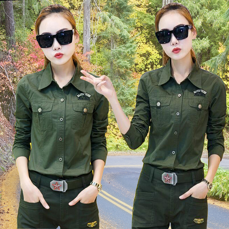 军绿衬衫长裤两件套迷彩服套装女户外运动休闲军服军装修身时尚潮