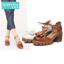 Teenmix/天美意17春季专柜同款牛皮舒适粗跟搭扣女凉鞋6E831AK7图片