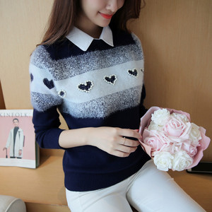 娃娃衬衫领爱心假两件套头长袖针织衫