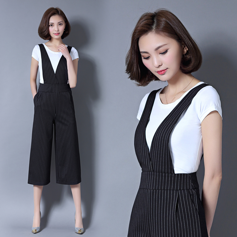 春夏新款欧美七分裤阔腿裤套装女V领背带裤宽