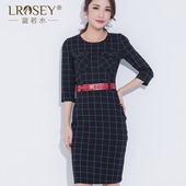 胖mm秋新品 显瘦圆领连衣裙包臀长裙腰带9583 修身 女装 蓝若水大码