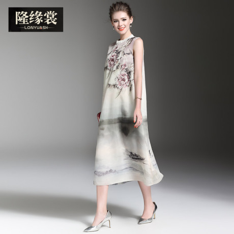 隆缘裳春装2017新款ol通勤宽松无袖中国风印花真丝连衣裙女夏2966商品大图