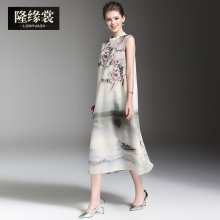 隆缘裳春装2017新款ol通勤宽松无袖中国风印花真丝连衣裙女夏2966图片