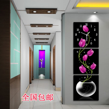 竖挂走廊三联冰晶玻璃画艺术挂钟郁金香 现代客厅玄关无框画钟表