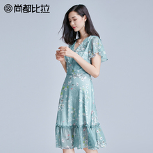 尚都比拉2017夏季新款V领短袖荷叶边印花雪纺裙修身碎花连衣裙女图片