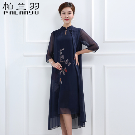妈妈装真丝连衣裙女装宽松桑蚕丝A字裙2017新款春秋中老年两件套商品大图