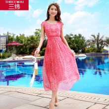 三纬桑蚕丝印花蕾丝拼接真丝连衣裙女夏2018新款中长款显瘦飞飞袖图片