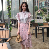 女上衣 碎花高腰半身裙夏季套装 雪纺衬衫 韩国chic荷叶边短袖
