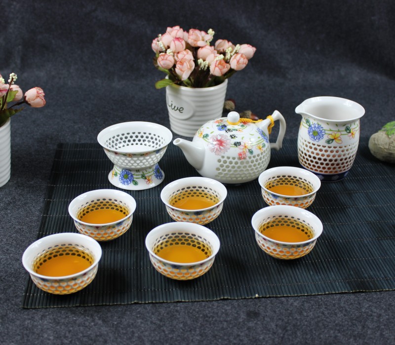 景德镇玲珑茶具功夫茶具套装陶瓷青花水晶镂空茶具蜂巢玲珑壶杯子