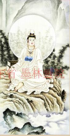 国画字画工笔人物画观世音菩萨观音打坐像白光环观音赐福普度众生