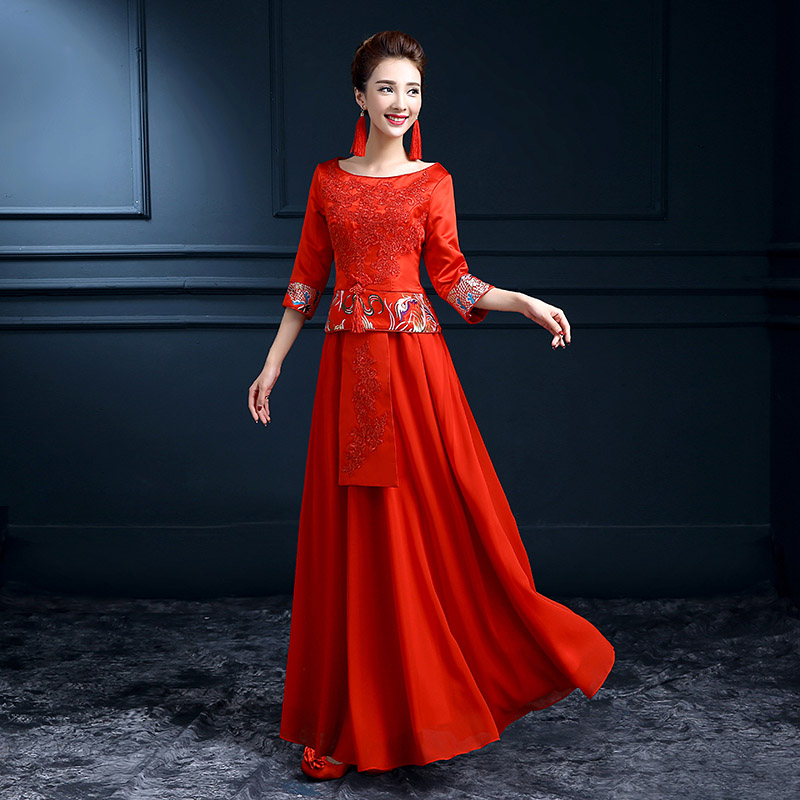 特价新款红色礼服新娘短袖连衣裙中式结婚嫁衣