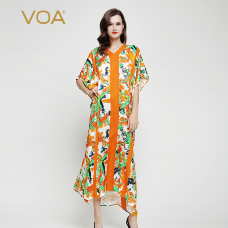 VOA 真丝黄绿扇形提花V领落肩五分袖撞料镶边O型长袍子宽松连衣裙商品大图
