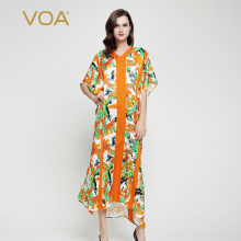 VOA 真丝黄绿扇形提花V领落肩五分袖撞料镶边O型长袍子宽松连衣裙图片