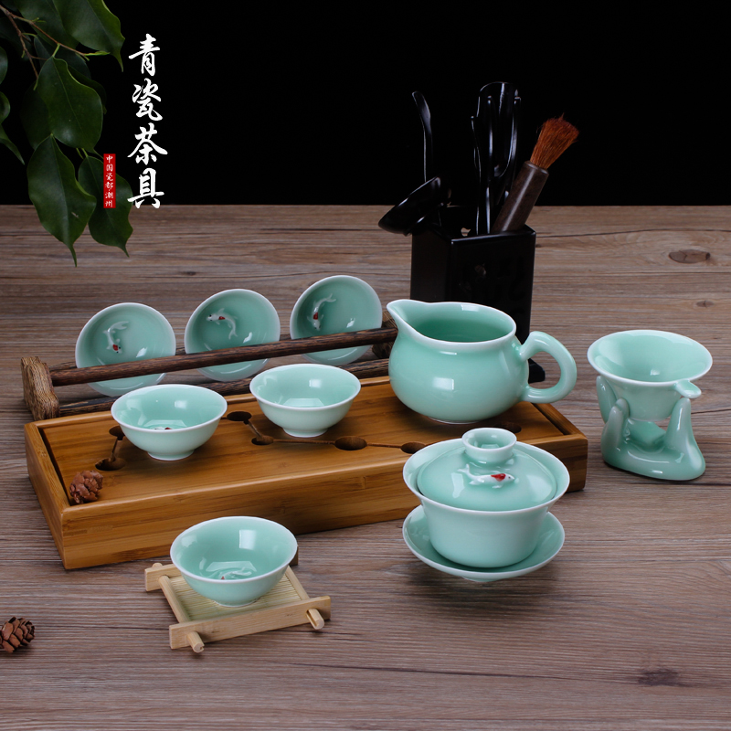 木鱼石 茶具茶杯套装 茶壶 日式青瓷套装龙泉精品茶具陶瓷