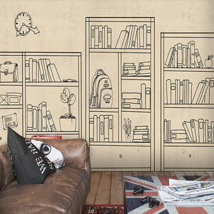 手绘书架书柜墙纸个性简单艺术壁画奶茶店装修书房卧室背景墙壁纸