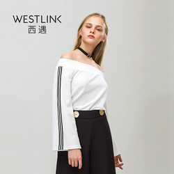 WESTLINK西遇女装2017春装新款针织衫女一字领撞色条纹喇叭袖上衣