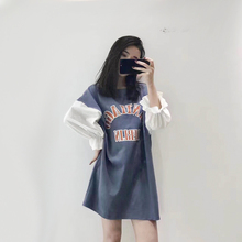 女潮中长裙 拼接撞色T恤宽松圆领打底衫 字母甜美减龄泡泡袖 新品