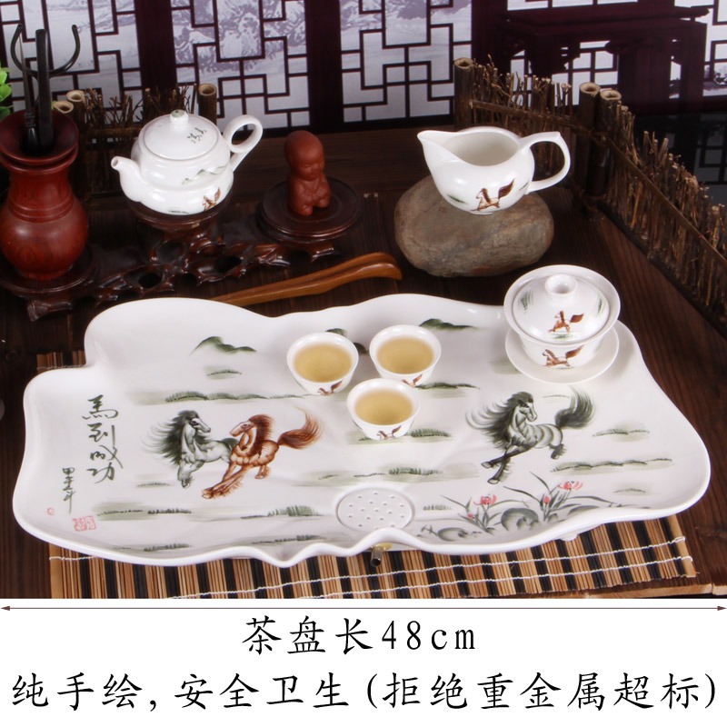 潮州高档纯手工手绘功夫茶具套装 带骨瓷白瓷陶瓷工夫茶盘 荷叶形