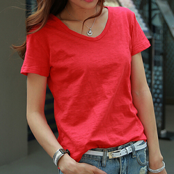 夏装短袖韩版大红色白色宽松休闲竹节棉V领纯色T恤女装体恤上衣