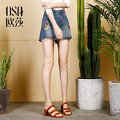 毛边刺绣牛仔裤 B53020 显瘦短裤 女装 绣花裤 OSA2017夏季新款