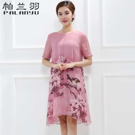真丝连衣裙2017新款春秋女大码宽松中老年中长款妈妈装印花桑蚕丝商品大图