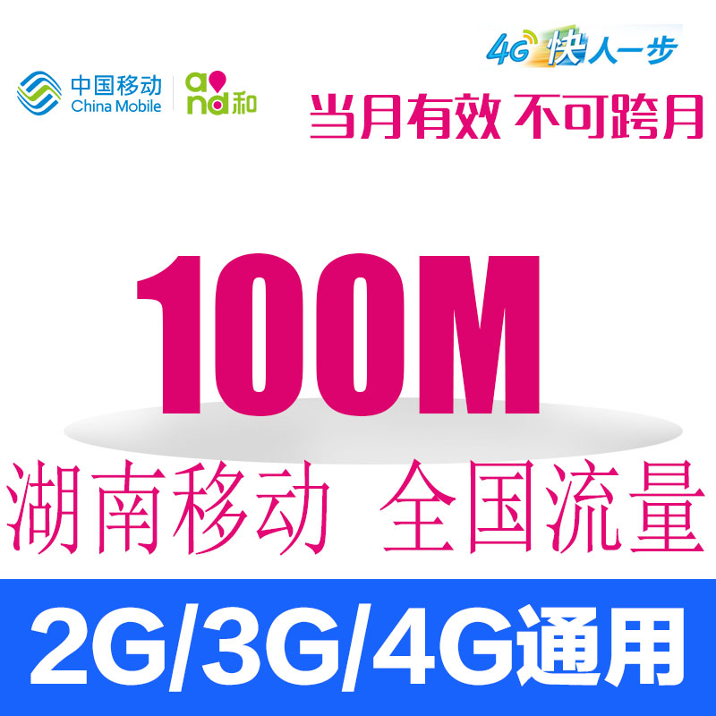 湖南移动流量充值 100M流量充值 全国漫游当月