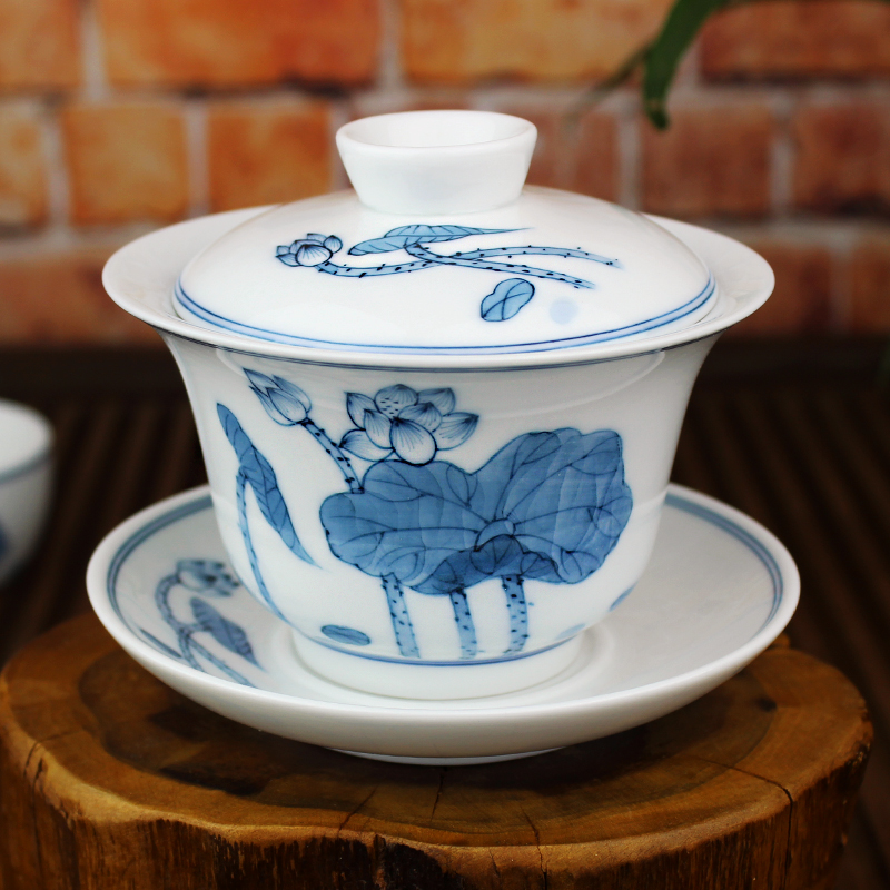 贵和祥大号青花瓷三才盖碗景德镇纯手工陶瓷功夫茶具手绘茶杯茶碗