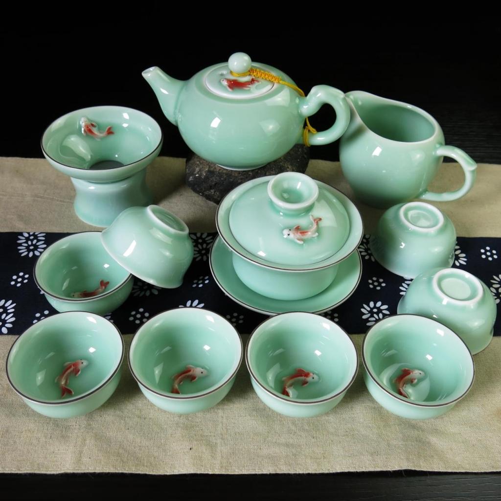 正品龙泉青瓷陶瓷功夫茶具套装 鲤鱼茶杯大号整套茶具高档礼瓷