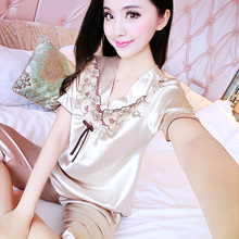 蕾丝 薄款 套装 冰丝丝绸家居服可爱大码 夏天韩版 睡衣女夏季性感短袖