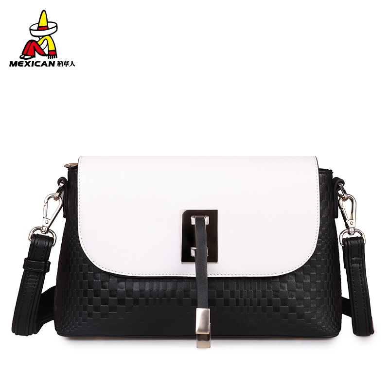 稻草人女包 撞色十字压花斜跨迷你单肩包小包