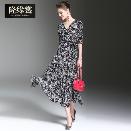 隆缘裳春装2017新款女时尚百搭通勤五分袖系带印花真丝连衣裙2839商品大图
