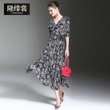 隆缘裳春装2017新款女时尚百搭通勤五分袖系带印花真丝连衣裙2839图片