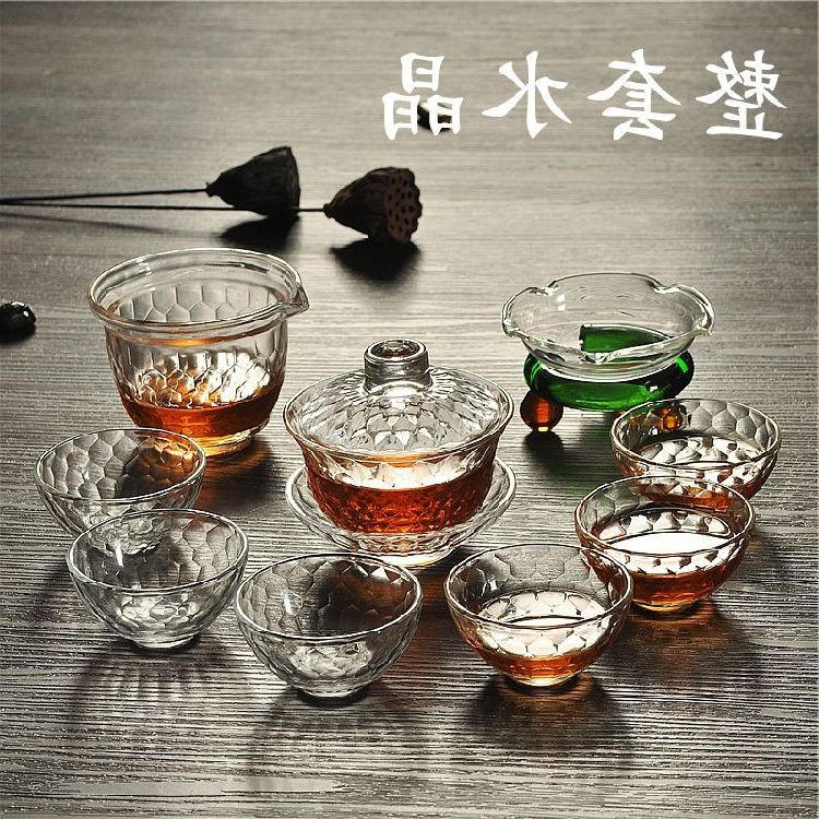 透明耐热水晶玻璃锤目纹盖碗整套功夫茶具泡茶碗三才碗茶具茶杯