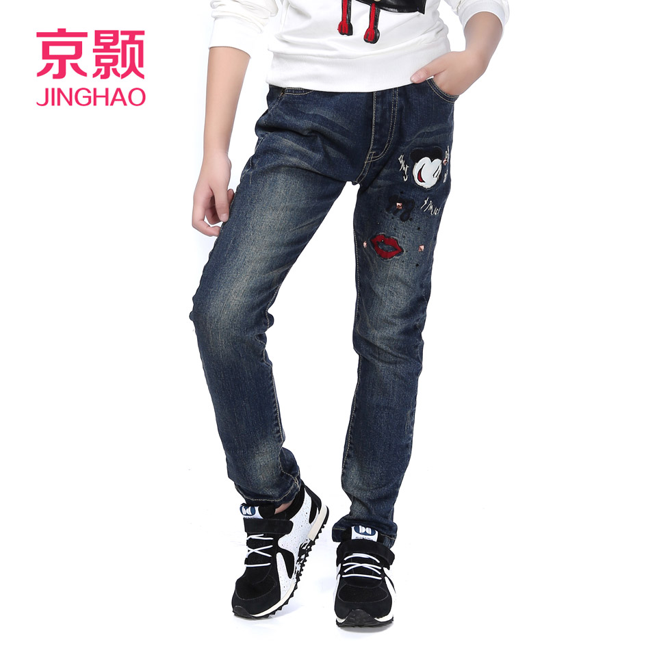 卡通休闲儿童牛仔裤长裤女大童加绒裤子加厚女