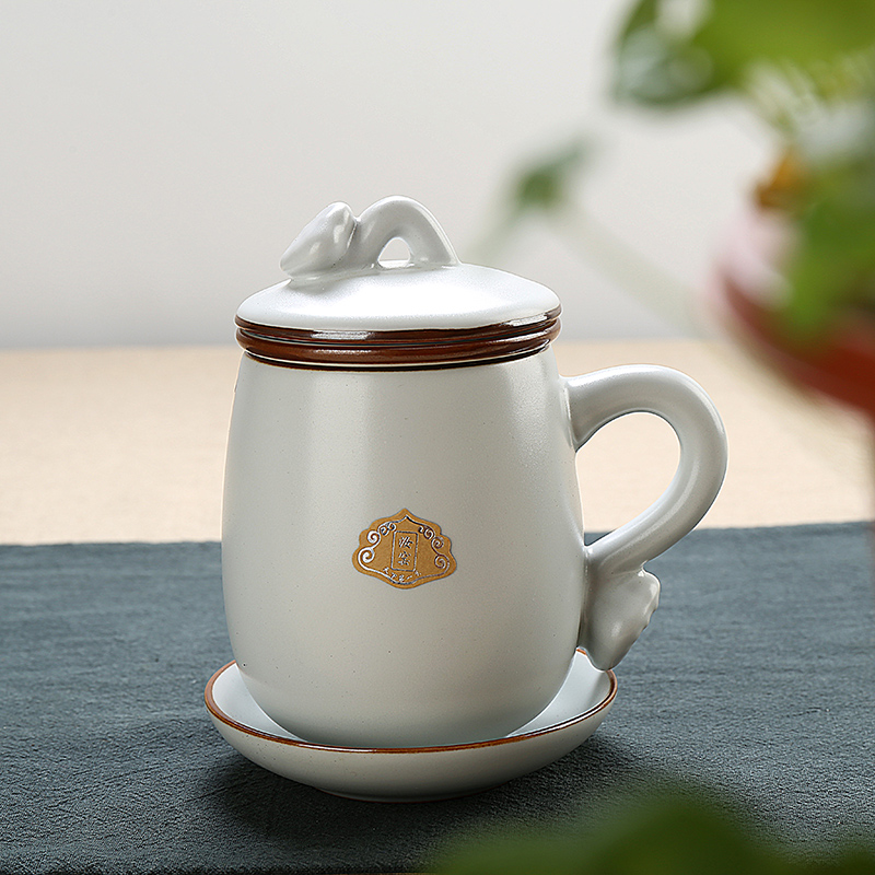 汝窑茶杯冰裂个人杯子办公室茶具带盖陶瓷四件套过滤开片品茗单杯