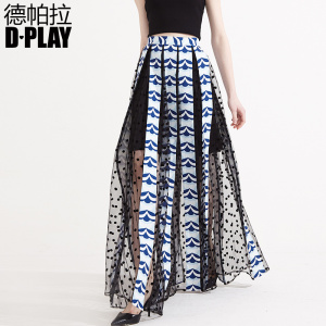 蓝色定位印花拼接圆点网纱半身裙