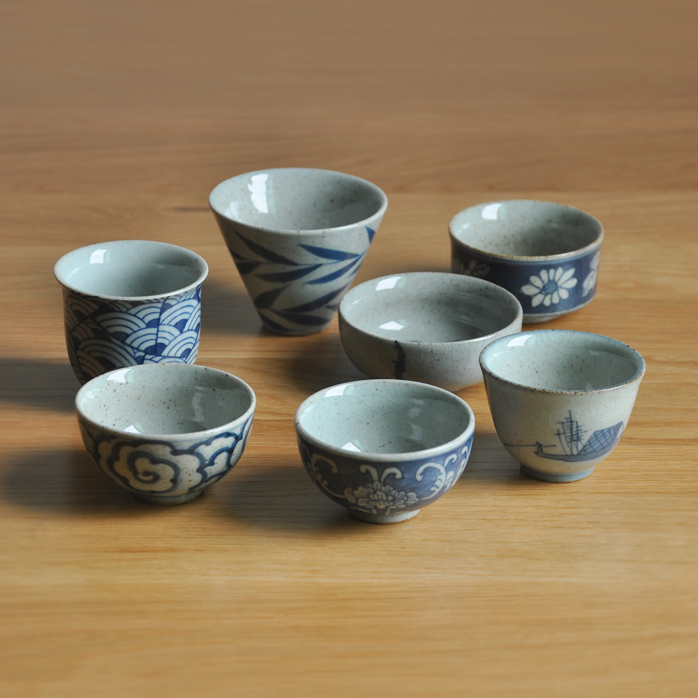 春泥青花手绘粗陶茶杯茶具景德镇陶瓷日式茶道品茗主人杯功夫茶杯