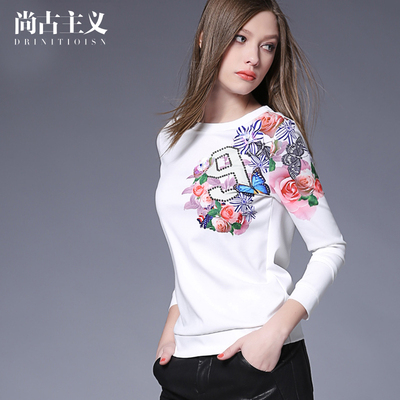 玛玛绨2017春装新款白色图案T恤女长袖欧美风