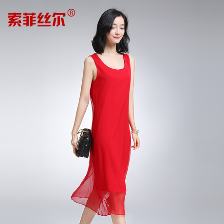 索菲丝尔真丝连衣裙女2017夏新款桑蚕丝高端宽松显瘦性感中长款商品大图