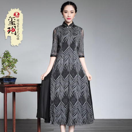 玺玥2019秋季中式中老年妈妈改良真丝女士旗袍长款连衣裙 奥黛风商品大图