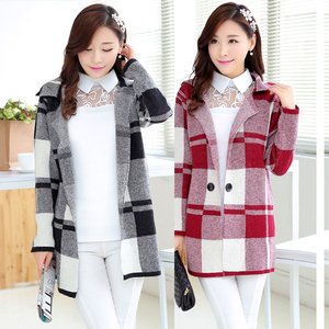 【图】2014秋装新品新女黑白<em>红</em>格子宽松<em>长款</em>