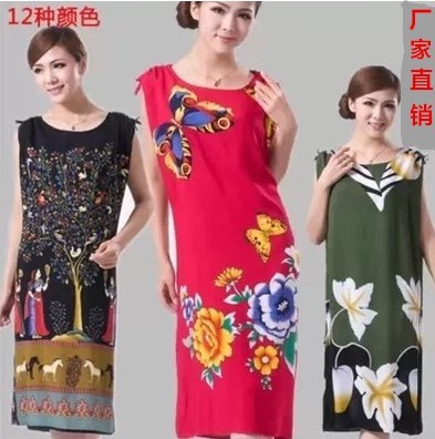 睡衣中老年女 纯棉人造棉睡裙棉绸大码中年夏