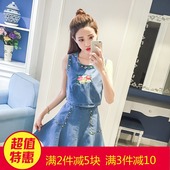 复古风刺绣花朵无袖 背心牛仔高腰口袋A字短裙两件套装 新款 实拍