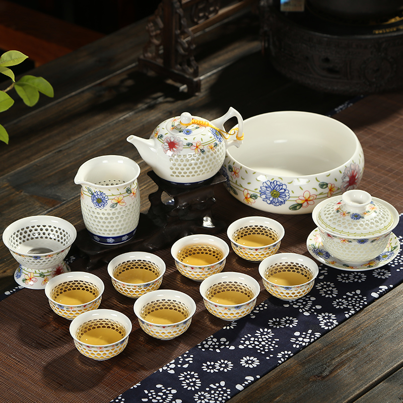 景德镇水晶镂空蜂窝青花玲珑功夫茶具整套陶瓷盖碗茶壶杯特价包邮