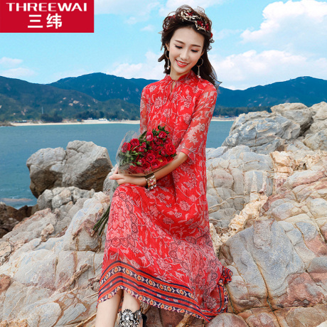 三纬2019夏装新款七分袖真丝连衣裙女立领印花优雅桑蚕丝a字裙子商品大图